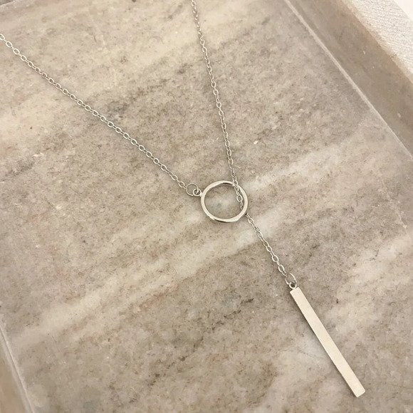 925 Sterling Silver Lariat Necklace Circle & Bar Drop Necklace Minimalist Chain - Picture 1 of 8
